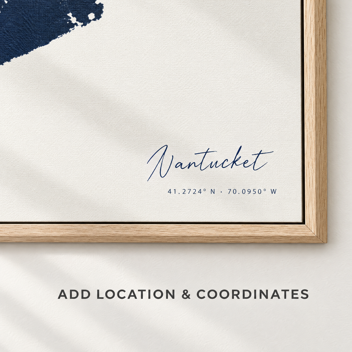 Nantucket horizontal canvas map in Navy, location and coordinates detail