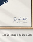 Nantucket horizontal canvas map in Navy, location and coordinates detail