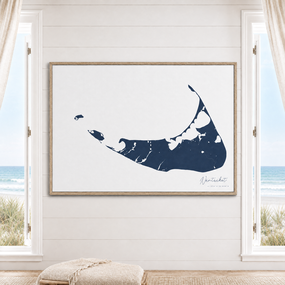 Nantucket horizontal canvas map in Navy, window interior