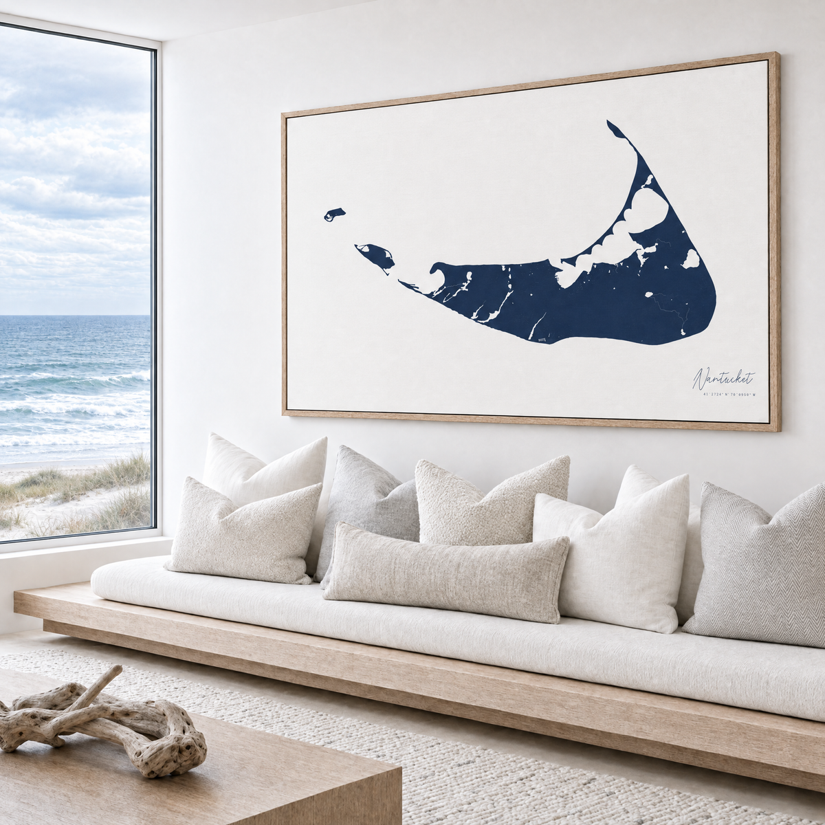 Nantucket horizontal canvas map in Navy, bench beside a water view