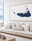 Nantucket horizontal canvas map in Navy, bench beside a water view