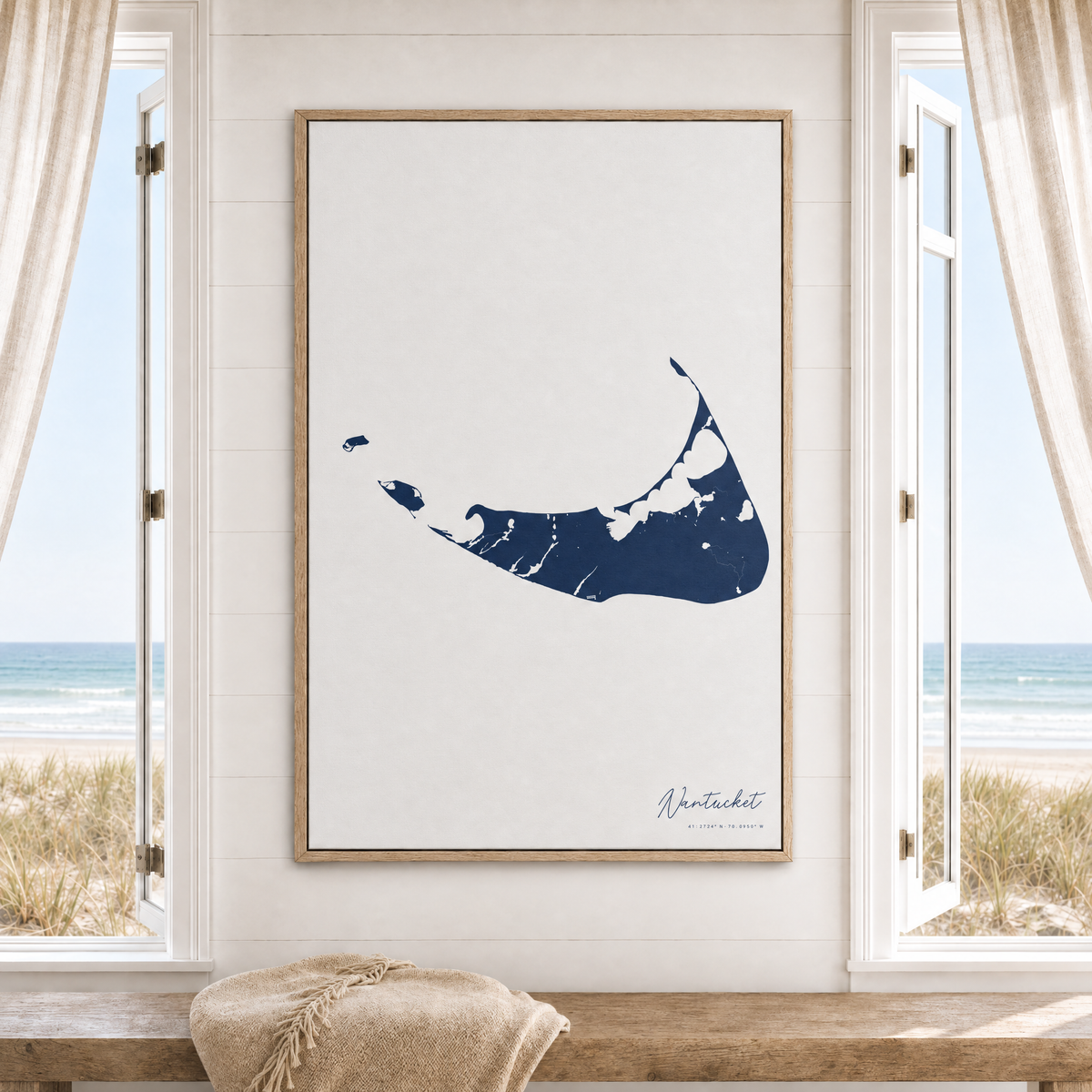 Nantucket vertical canvas map in Navy, window interior