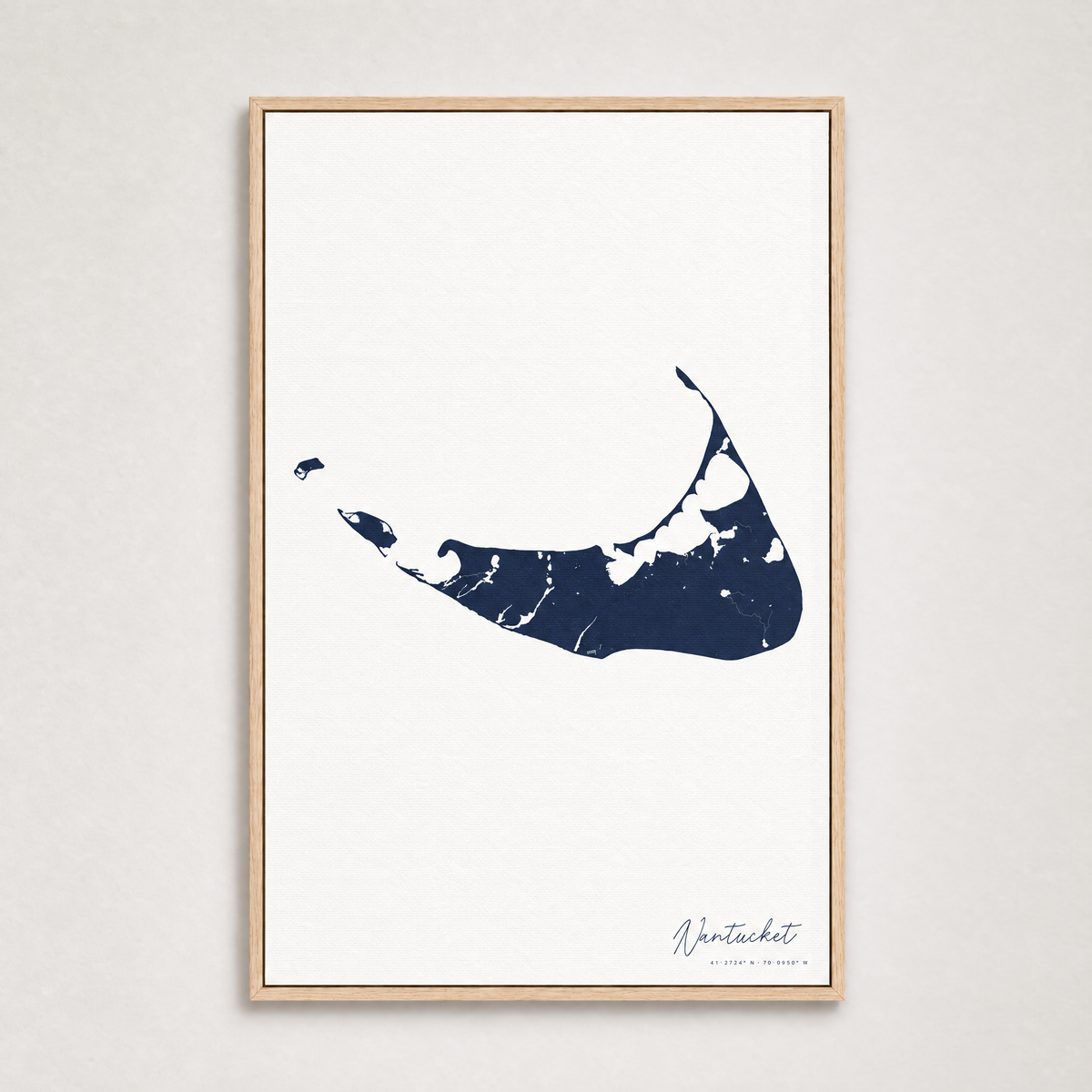 Nantucket vertical canvas map, Navy, Light Wood