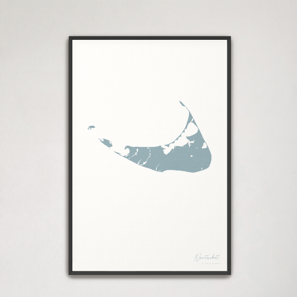 Nantucket vertical canvas map, Soft Blue, Black Frame