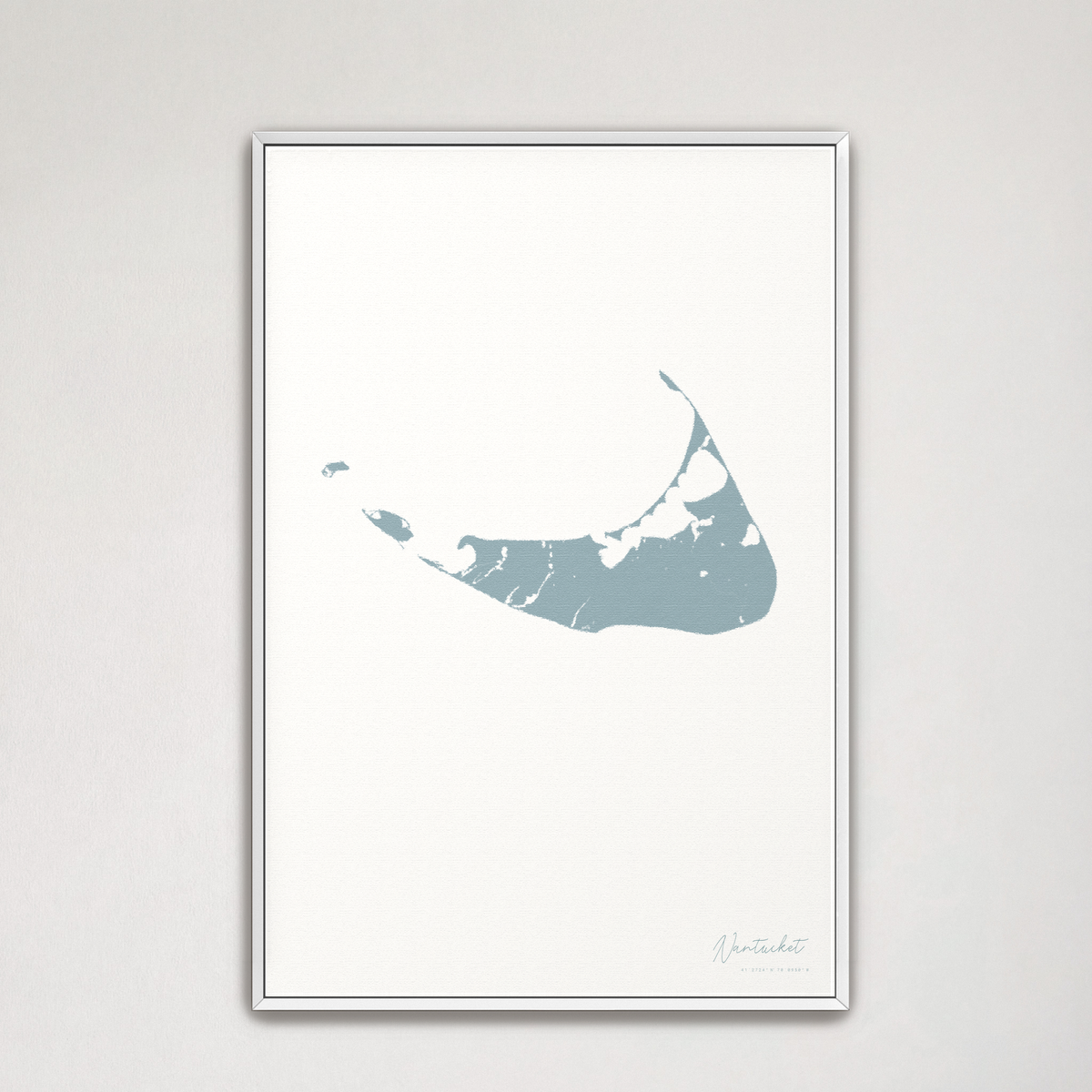 Nantucket vertical canvas map, Soft Blue, White Frame