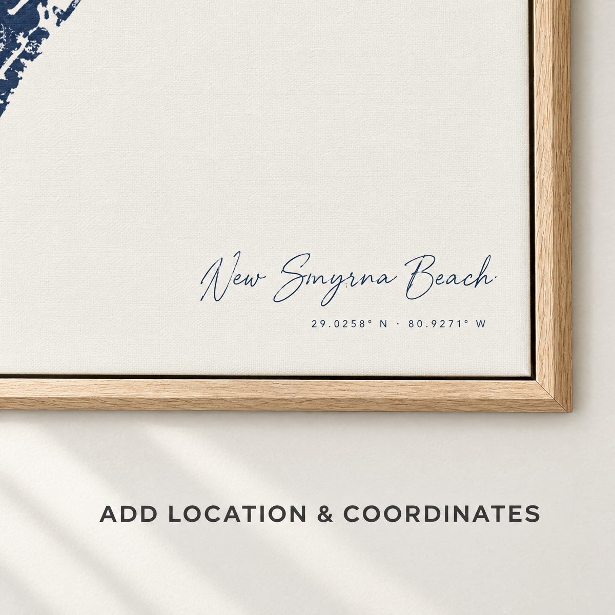 New Smyrna Beach horizontal canvas map in Navy, location and coordinates detail