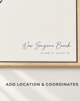 New Smyrna Beach horizontal canvas map in Navy, location and coordinates detail