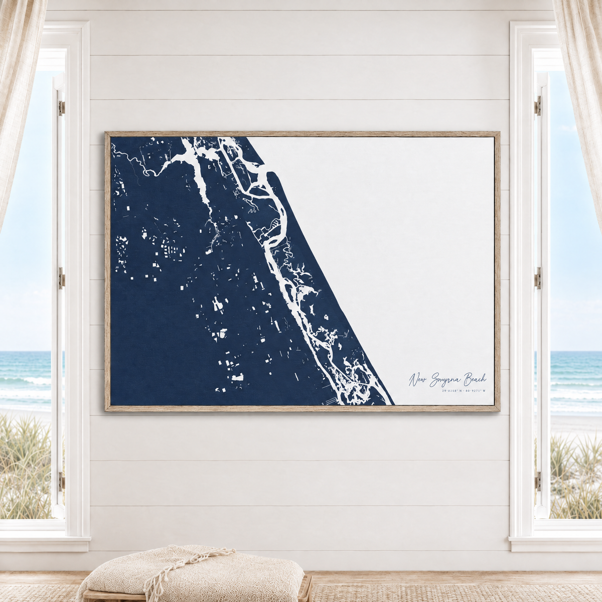 New Smyrna Beach horizontal canvas map in Navy, window interior
