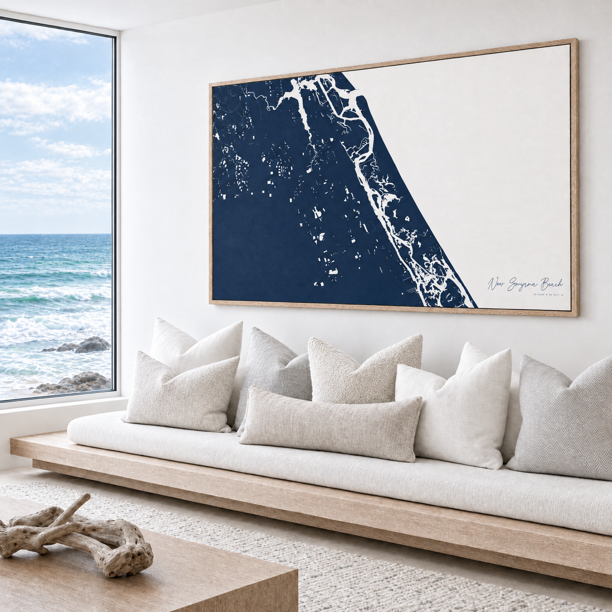 New Smyrna Beach horizontal canvas map in Navy, bench beside a water view