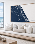 New Smyrna Beach horizontal canvas map in Navy, bench beside a water view