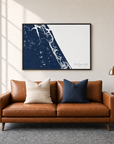 New Smyrna Beach horizontal canvas map in Navy, black-framed canvas above a sofa