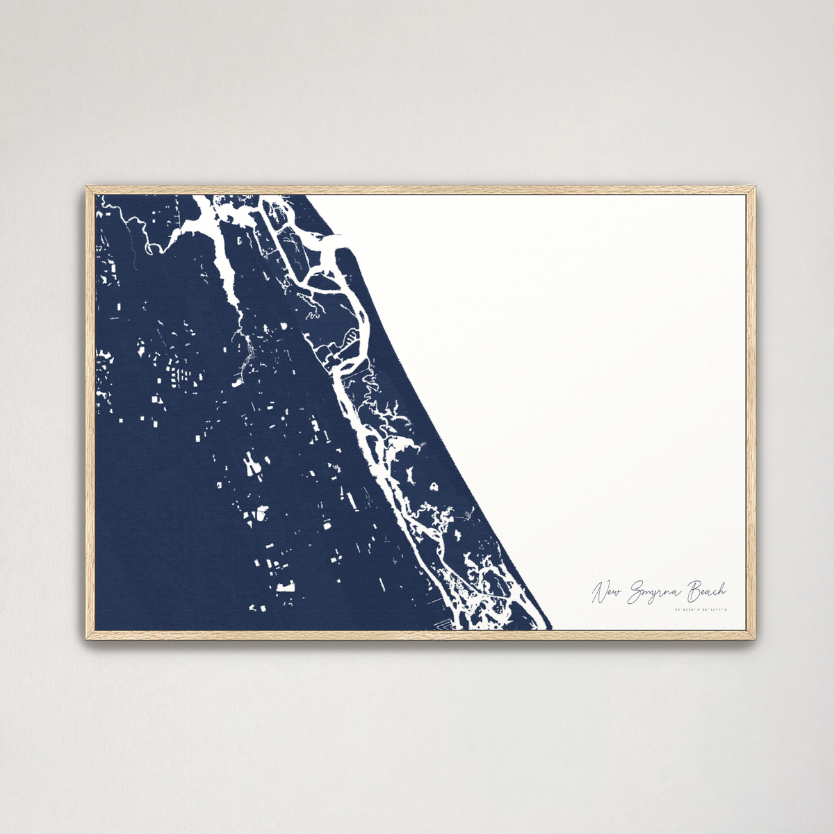 New Smyrna Beach horizontal canvas map, Navy, Natural Oak