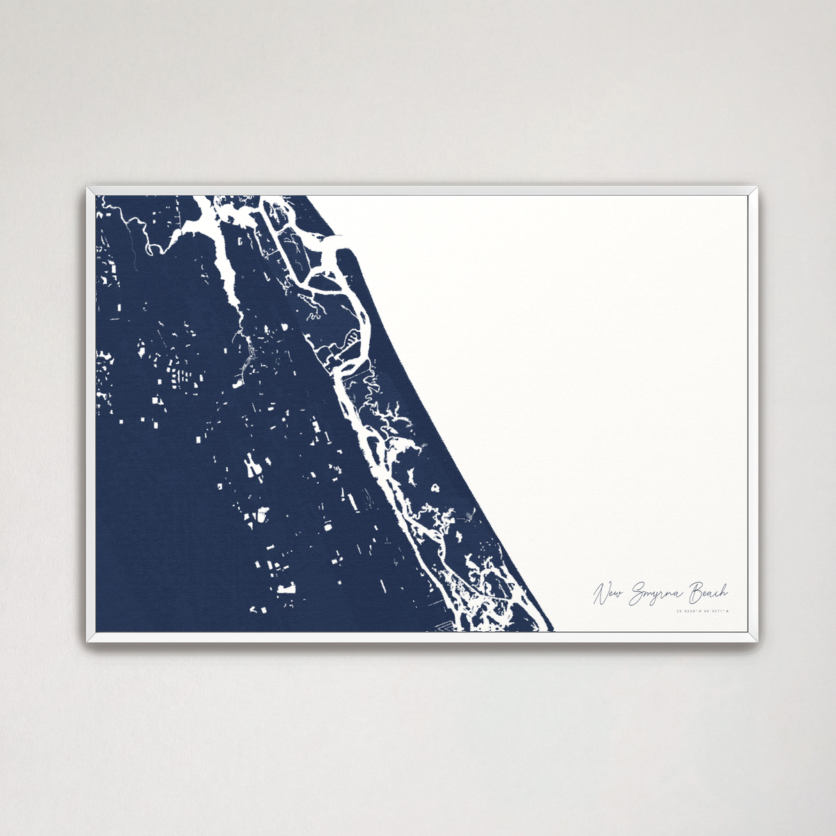 New Smyrna Beach horizontal canvas map, Navy, White Frame