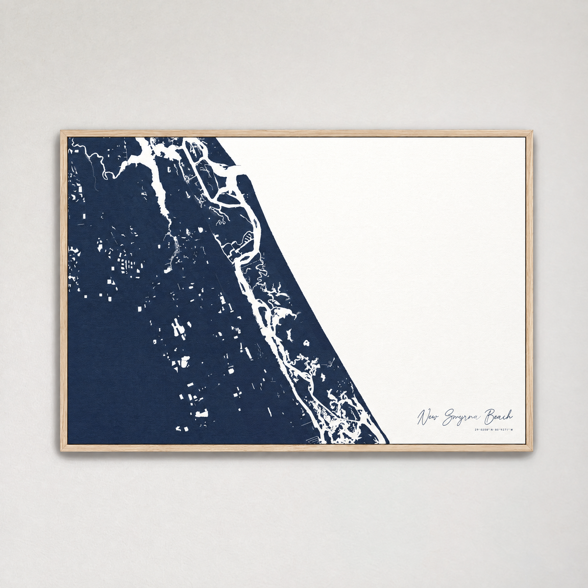 New Smyrna Beach horizontal canvas map, Navy, Light Wood
