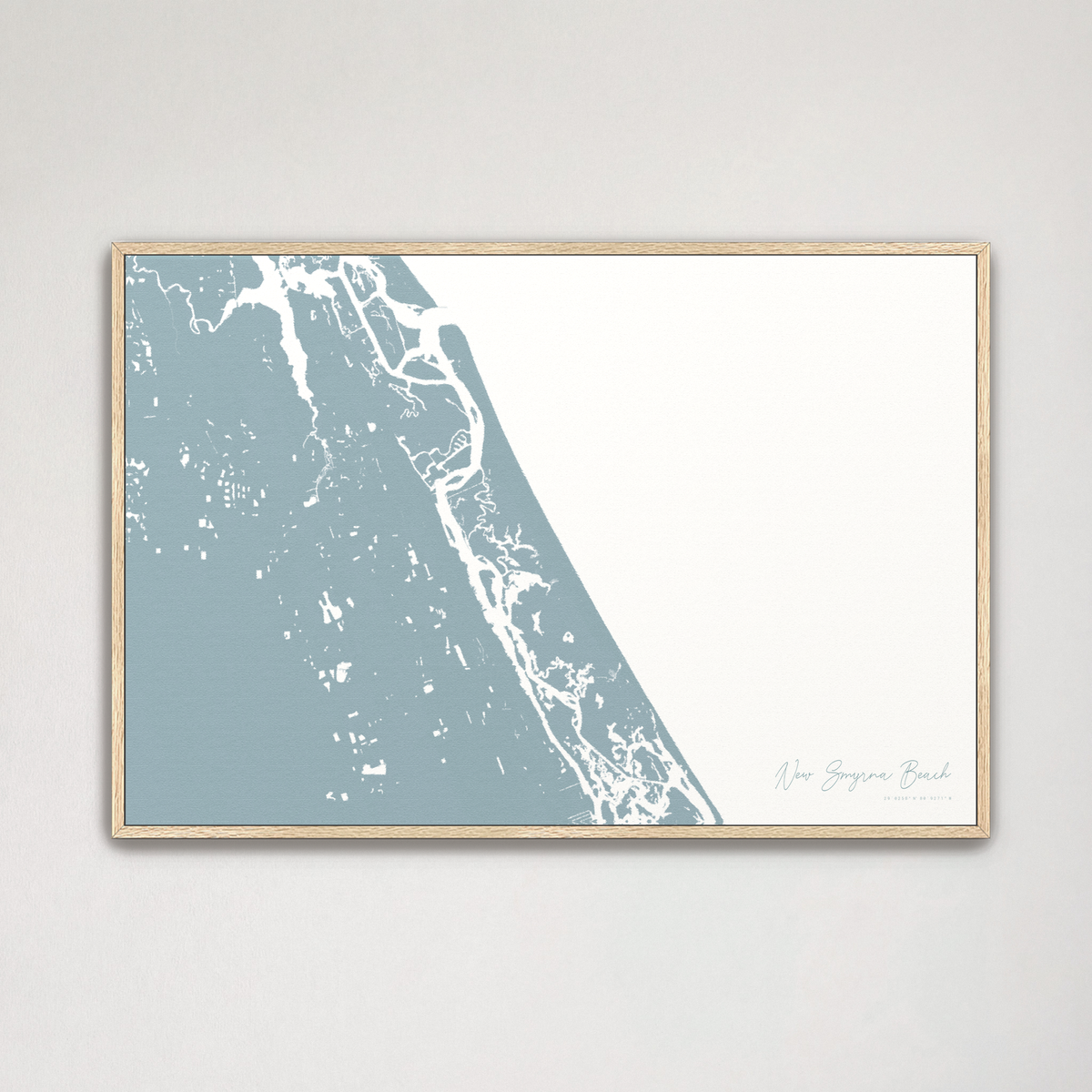 New Smyrna Beach horizontal canvas map, Soft Blue, Natural Oak