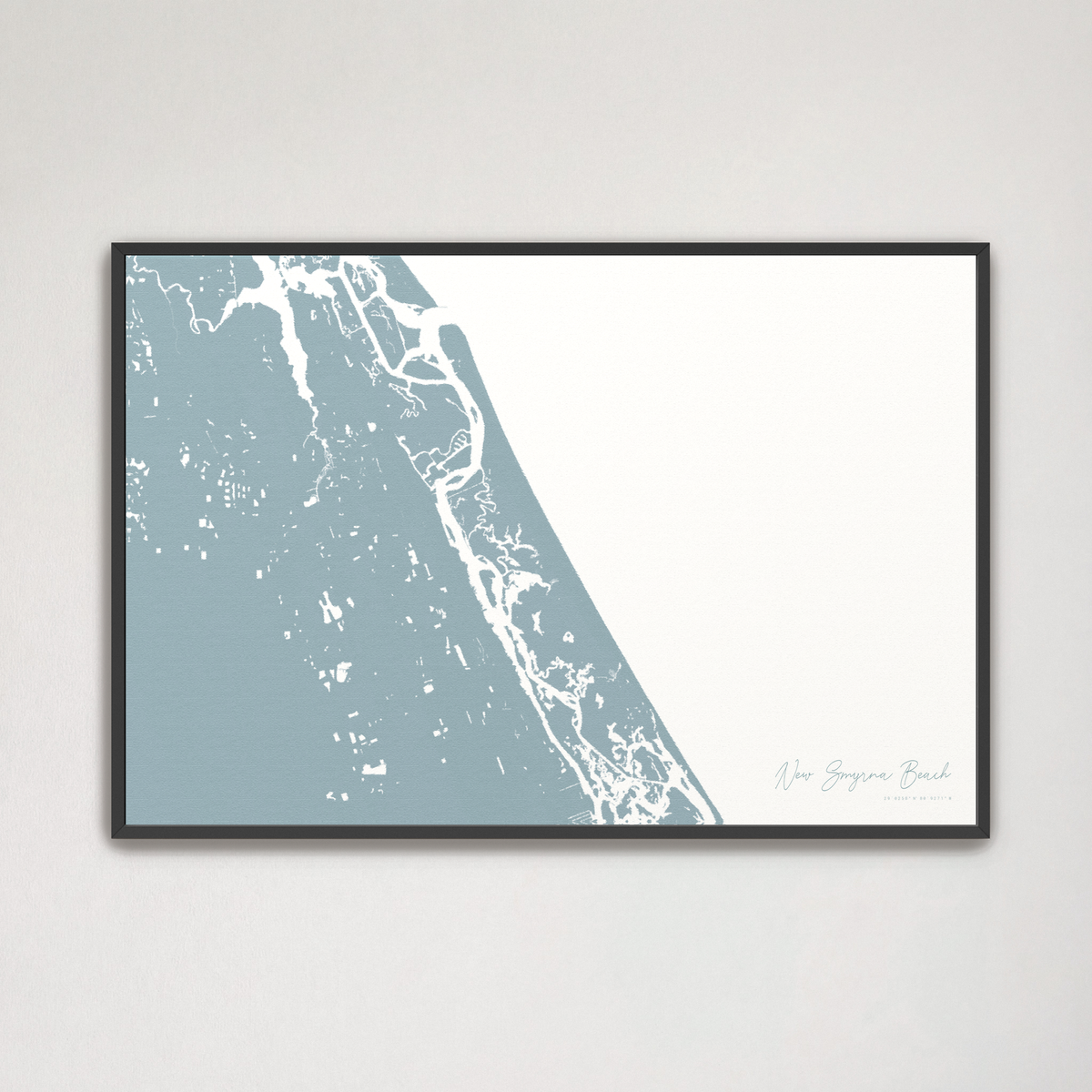 New Smyrna Beach horizontal canvas map, Soft Blue, Black Frame