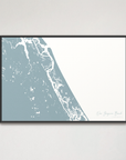 New Smyrna Beach horizontal canvas map, Soft Blue, Black Frame