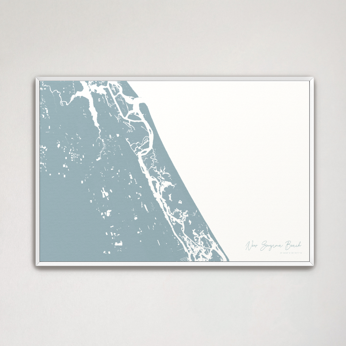 New Smyrna Beach horizontal canvas map, Soft Blue, White Frame