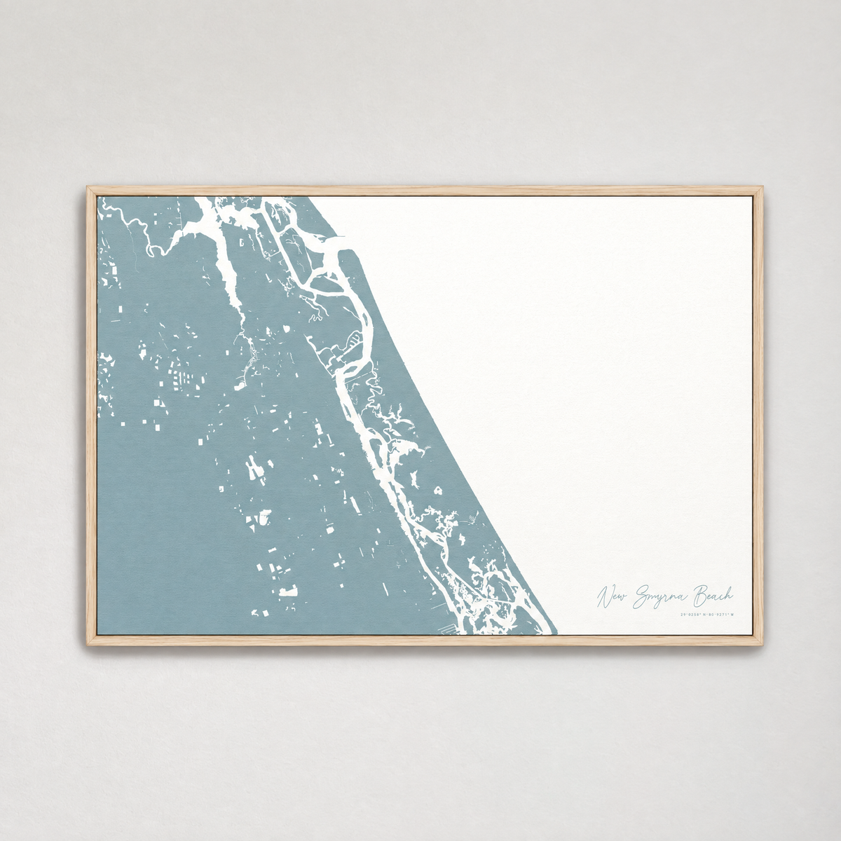 New Smyrna Beach horizontal canvas map, Soft Blue, Light Wood