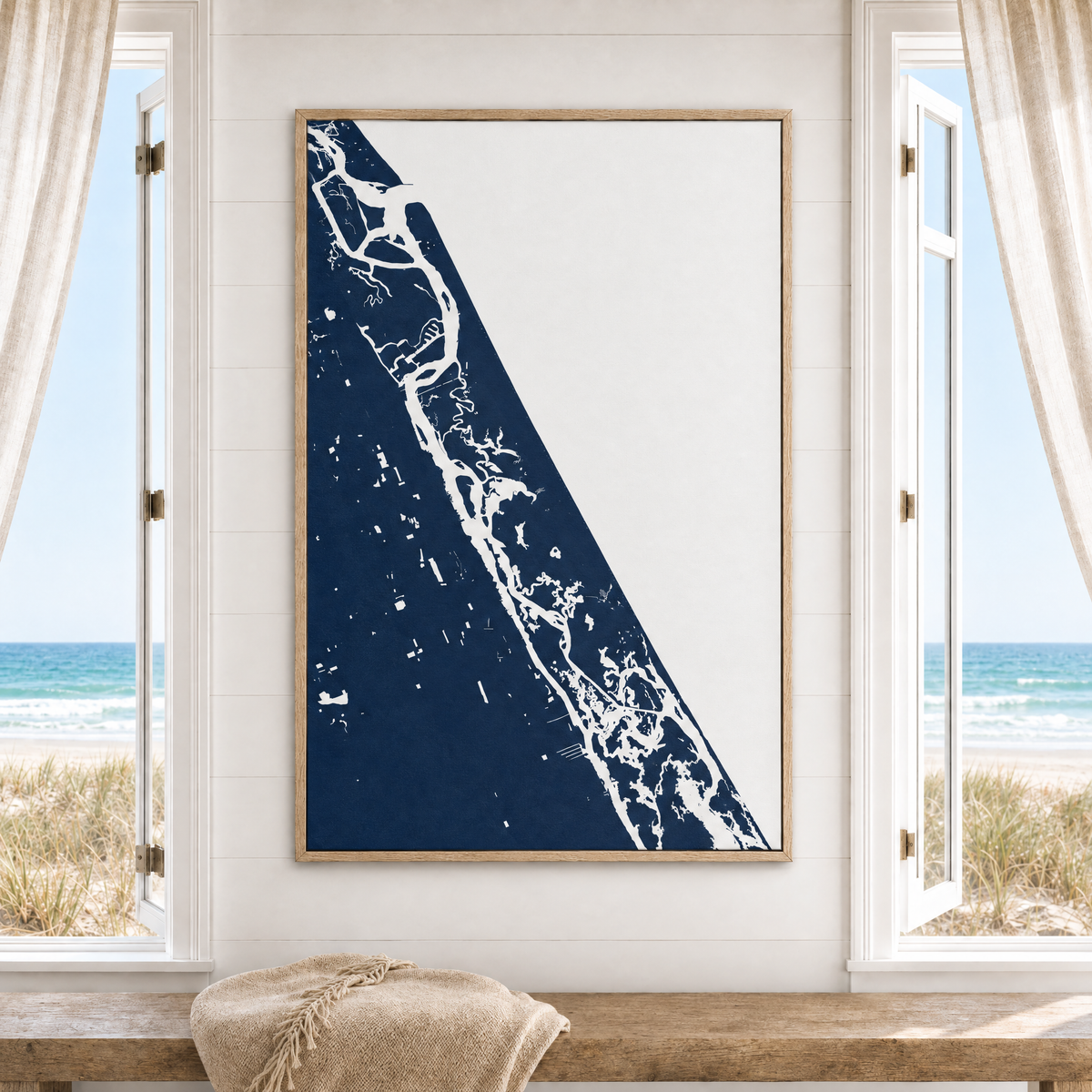 New Smyrna Beach vertical canvas map in Navy, window interior