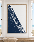 New Smyrna Beach vertical canvas map in Navy, window interior