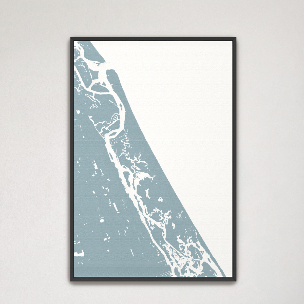 New Smyrna Beach vertical canvas map, Soft Blue, Black Frame