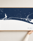 Oak Island horizontal canvas map in Navy, hands holding an oak-framed canvas