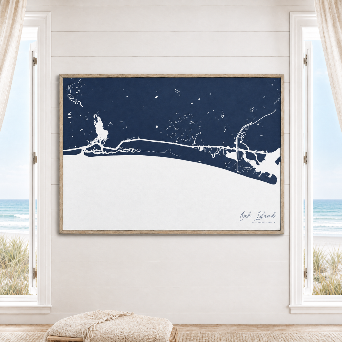 Oak Island horizontal canvas map in Navy, window interior