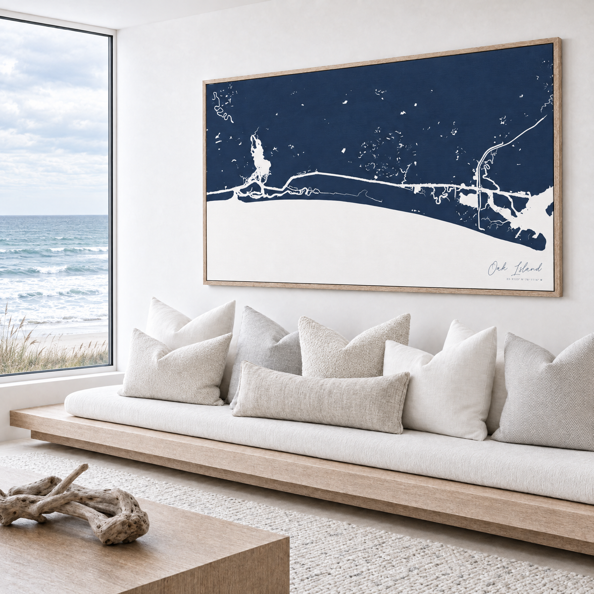Oak Island horizontal canvas map in Navy, bench beside a water view