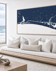 Oak Island horizontal canvas map in Navy, bench beside a water view