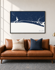 Oak Island horizontal canvas map in Navy, black-framed canvas above a sofa
