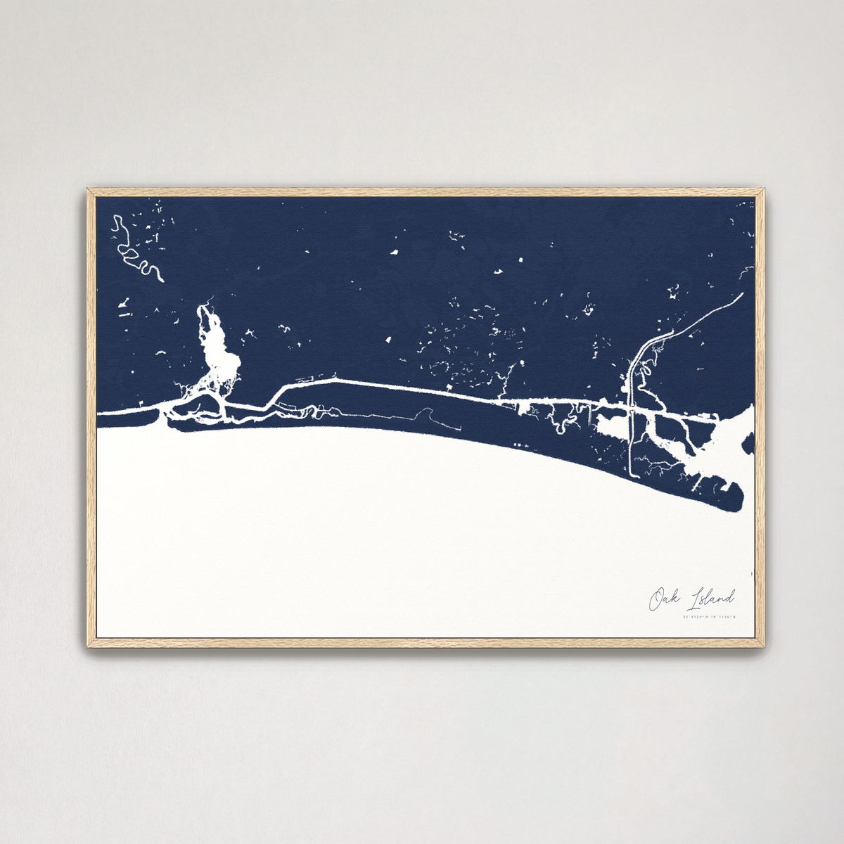 Oak Island horizontal canvas map, Navy, Natural Oak