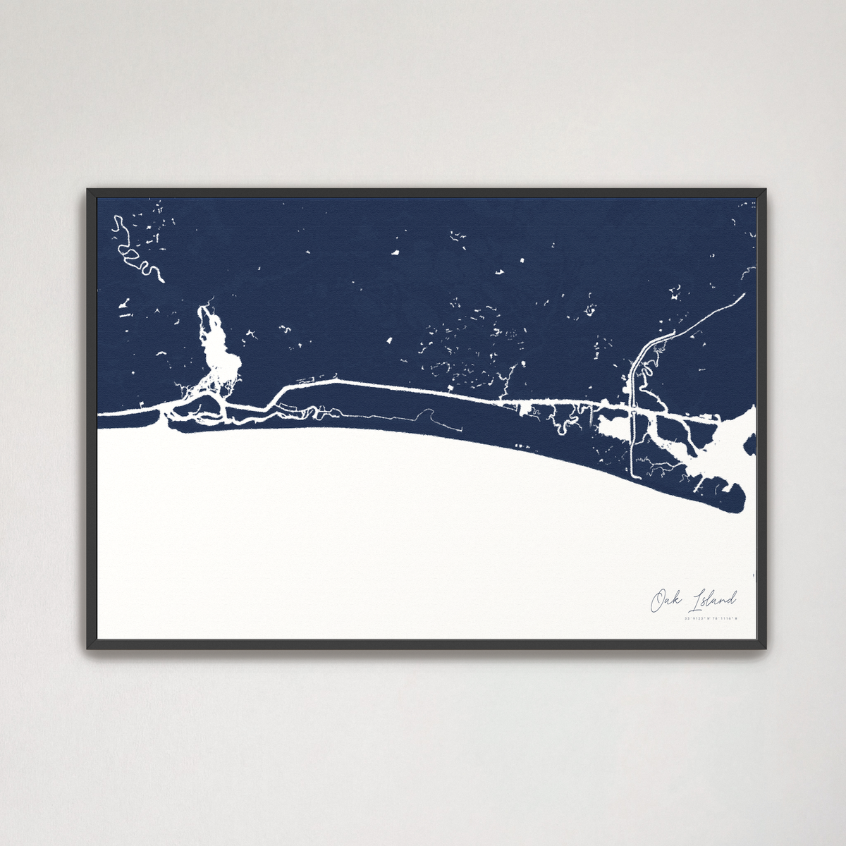 Oak Island horizontal canvas map, Navy, Black Frame