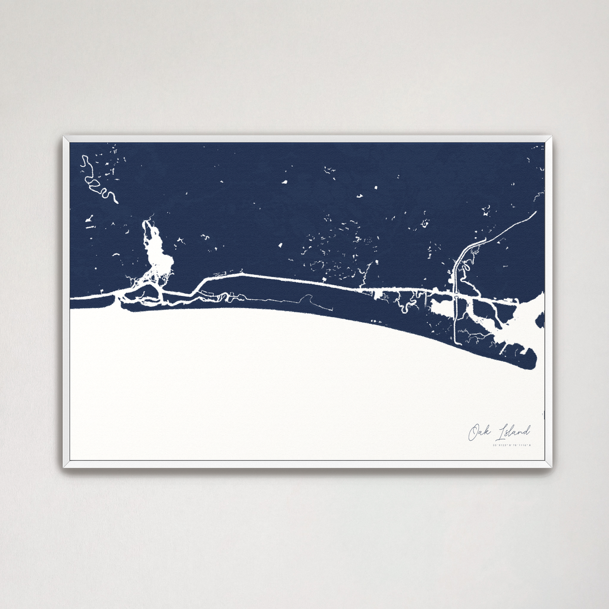 Oak Island horizontal canvas map, Navy, White Frame