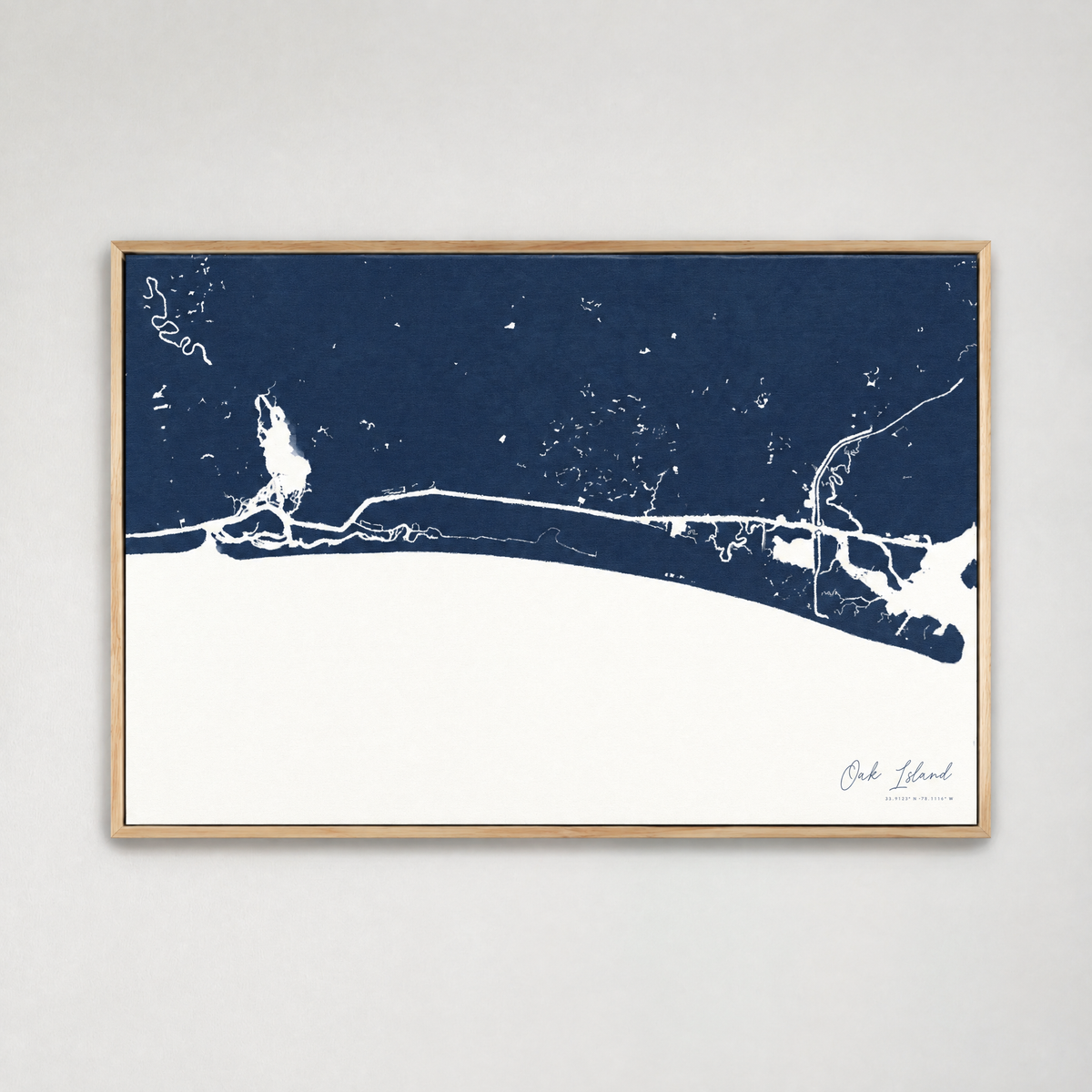 Oak Island horizontal canvas map, Navy, Light Wood