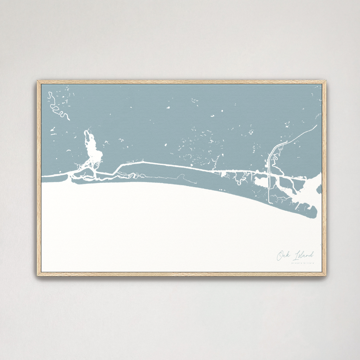 Oak Island horizontal canvas map, Soft Blue, Natural Oak