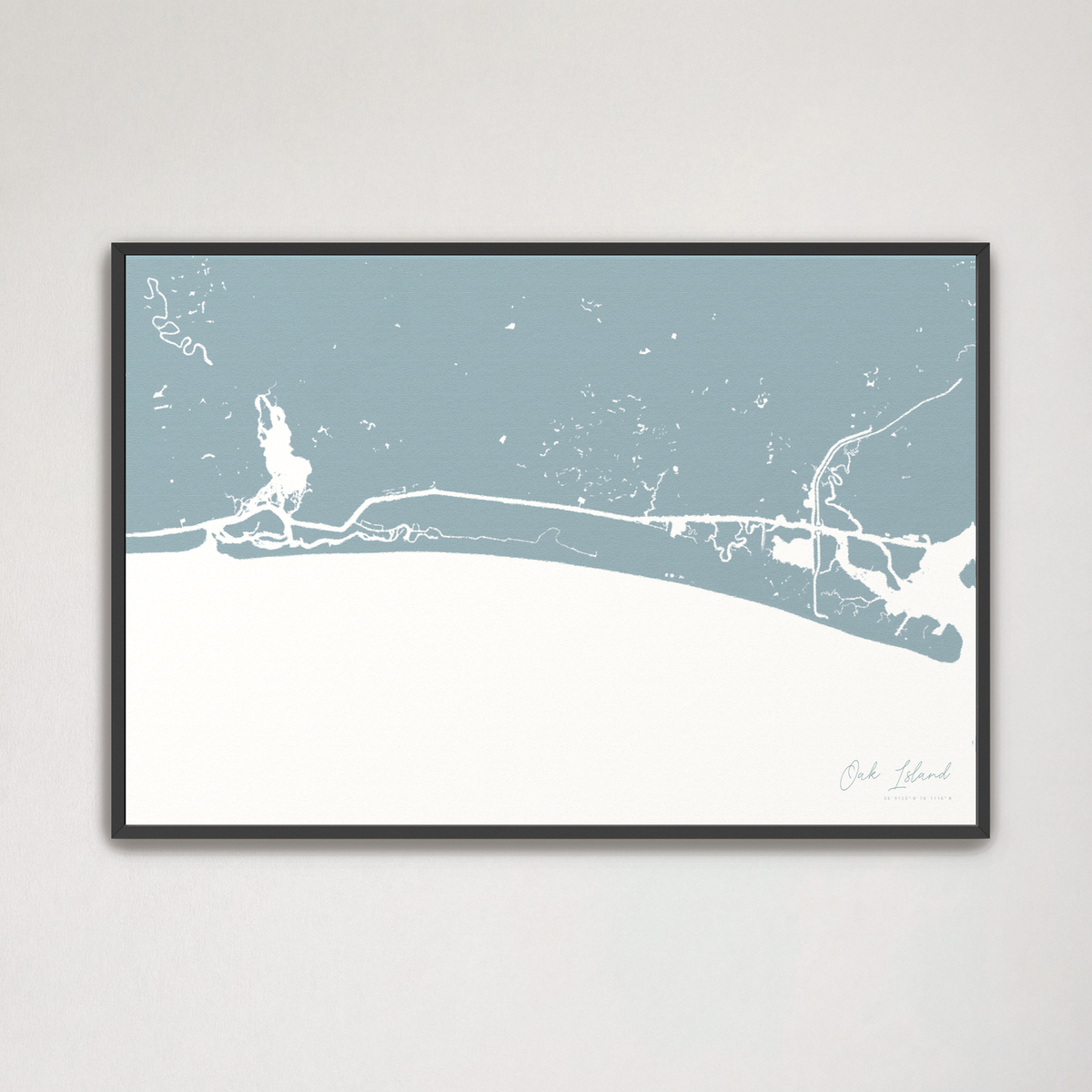 Oak Island horizontal canvas map, Soft Blue, Black Frame