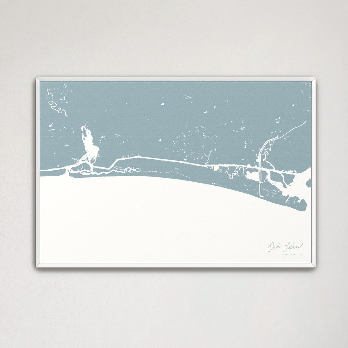 Oak Island horizontal canvas map, Soft Blue, White Frame