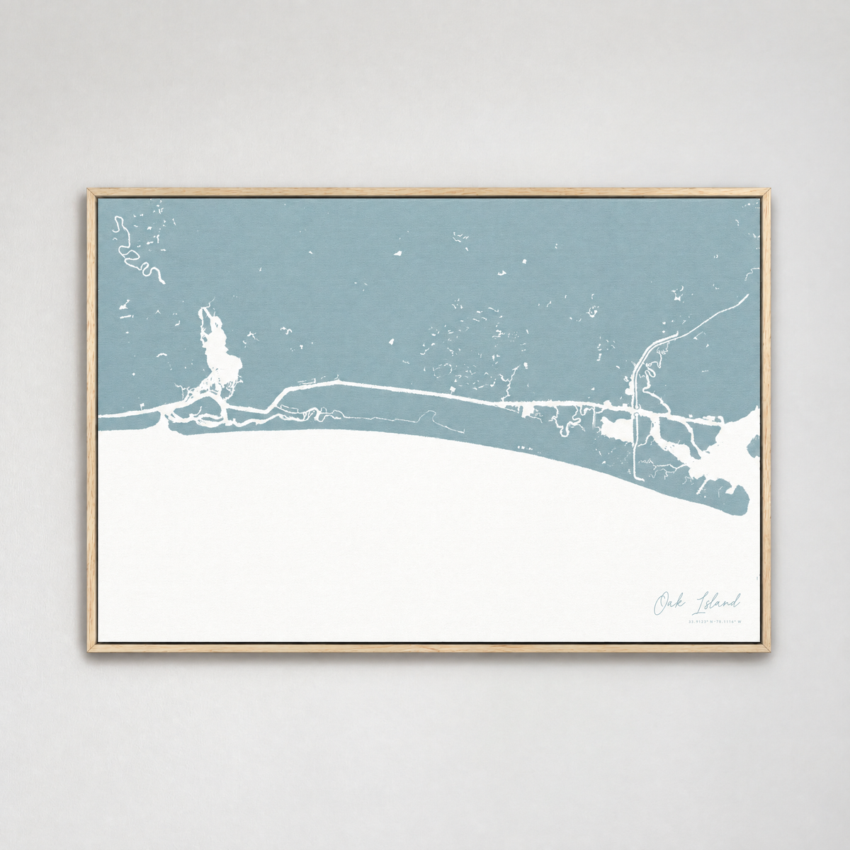 Oak Island horizontal canvas map, Soft Blue, Light Wood