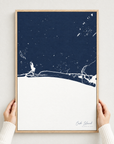 Oak Island vertical canvas map in Navy, hands holding an oak-framed canvas