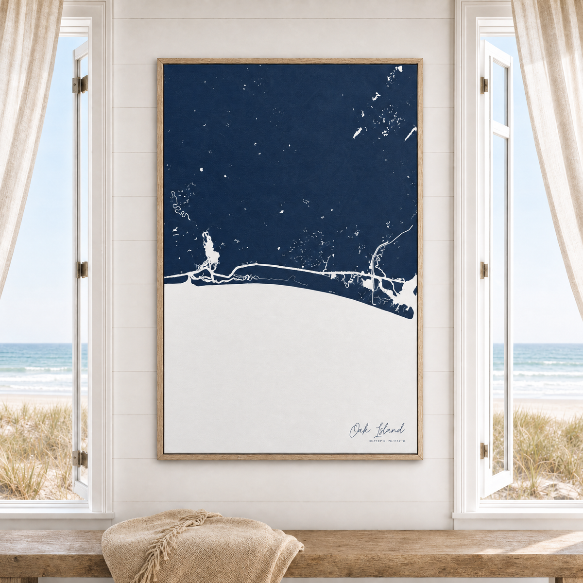 Oak Island vertical canvas map in Navy, window interior