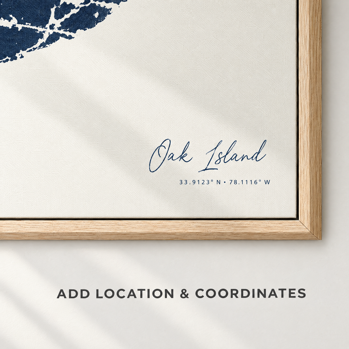Oak Island vertical canvas map in Navy, location and coordinates detail