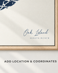 Oak Island vertical canvas map in Navy, location and coordinates detail