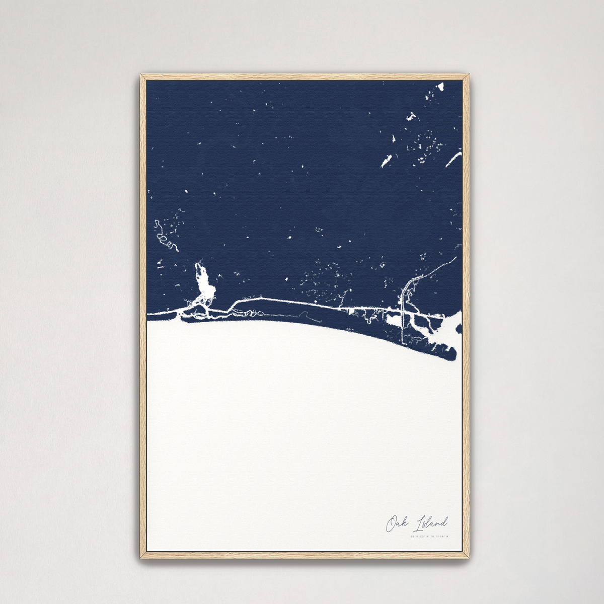 Oak Island vertical canvas map, Navy, Natural Oak