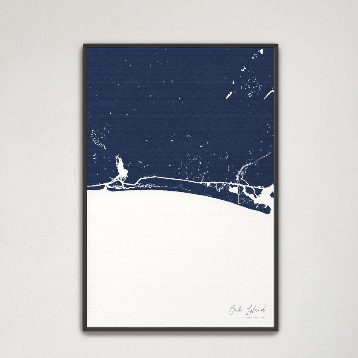 Oak Island vertical canvas map, Navy, Black Frame