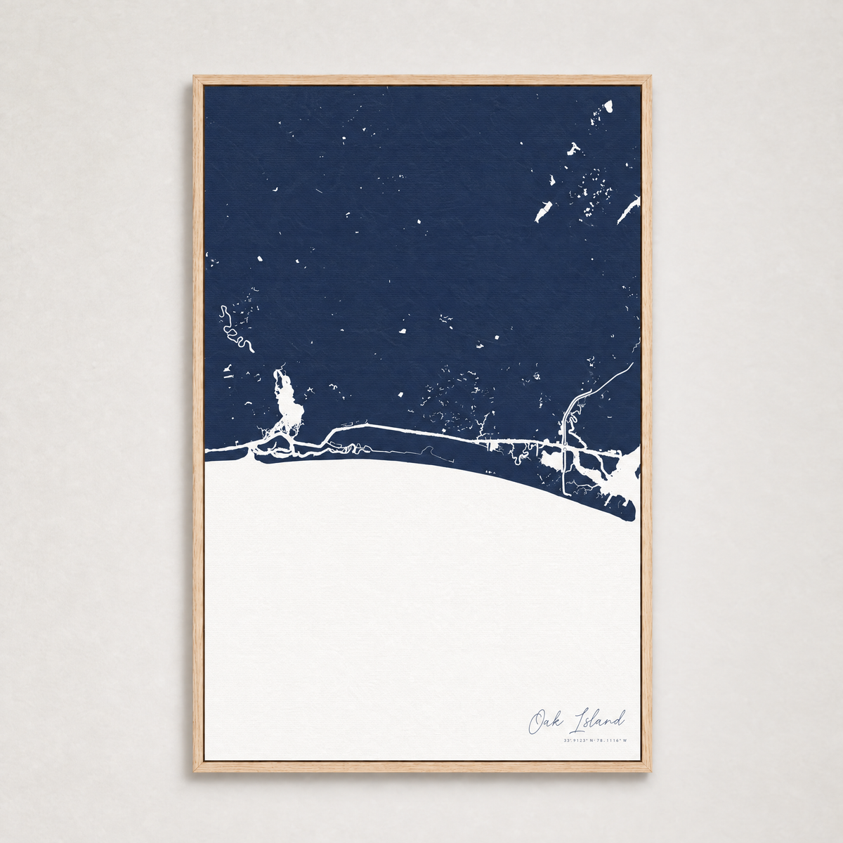 Oak Island vertical canvas map, Navy, Light Wood