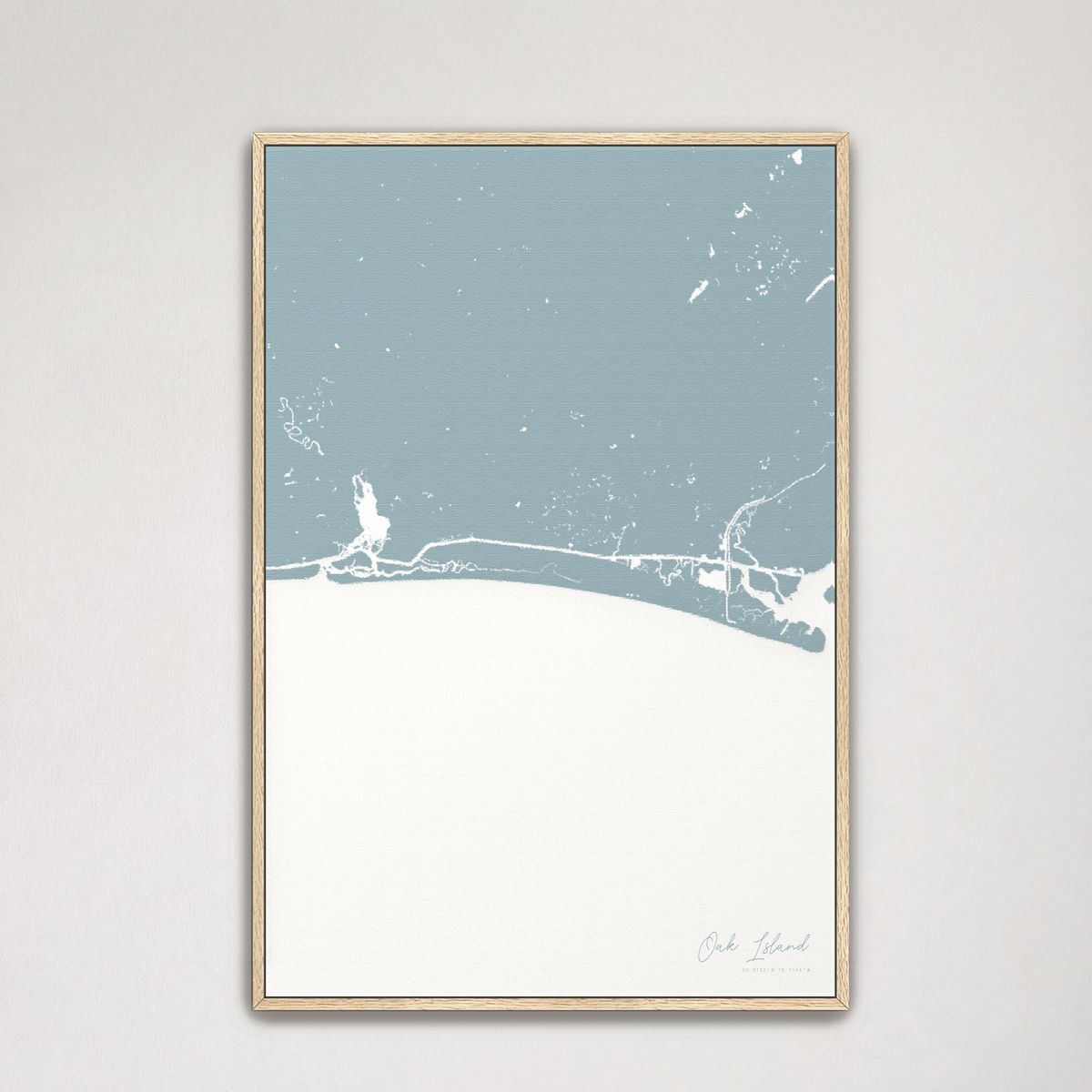 Oak Island vertical canvas map, Soft Blue, Natural Oak