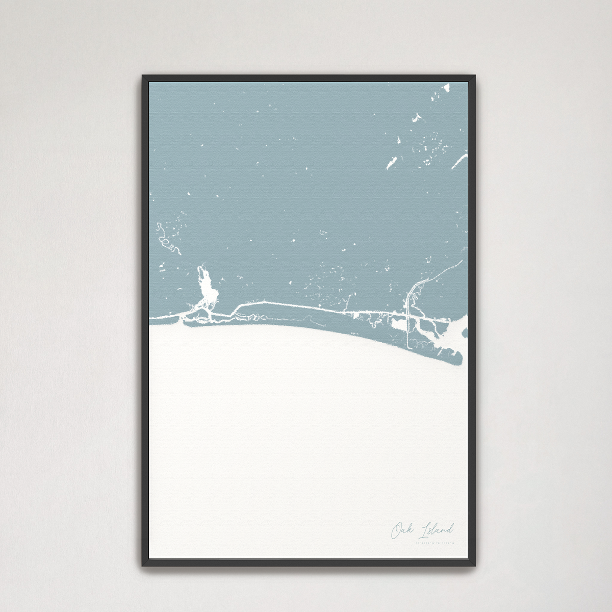 Oak Island vertical canvas map, Soft Blue, Black Frame