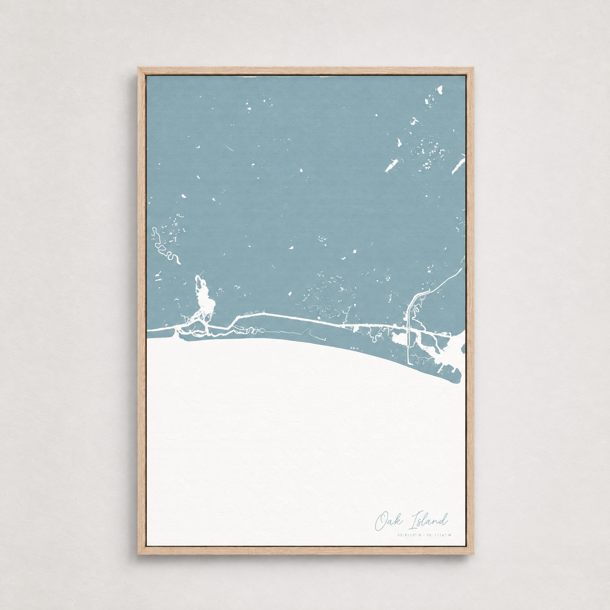 Oak Island vertical canvas map, Soft Blue, Light Wood