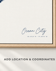 Ocean City horizontal canvas map in Navy, location and coordinates detail